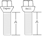 Note: All DR Systems require longer wheel bolts. Please use the diagram below to determine if your stock wheel bolts are Taper or Ball style and measure the length "A".